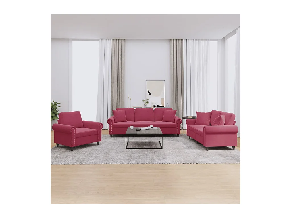 Ensemble de canapés 3 pièces avec coussins rouge bordeaux velours