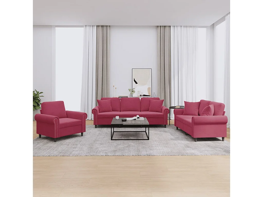 Juego de sofás con cojines 3 piezas terciopelo rojo tinto
