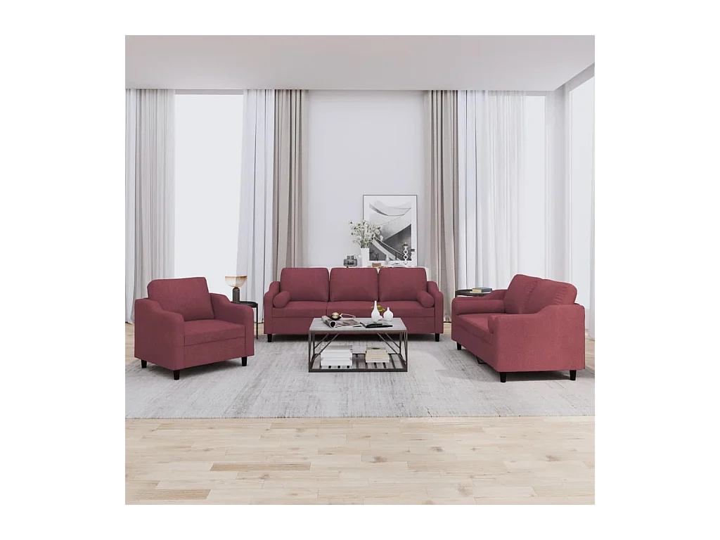 Ensemble de canapés 3 pièces avec coussins rouge bordeaux tissu
