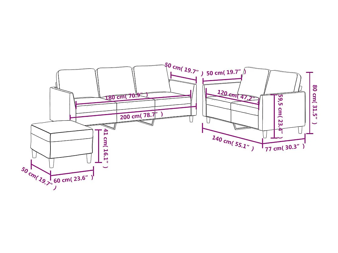 3-delige Loungeset met kussens kunstleer zwart
