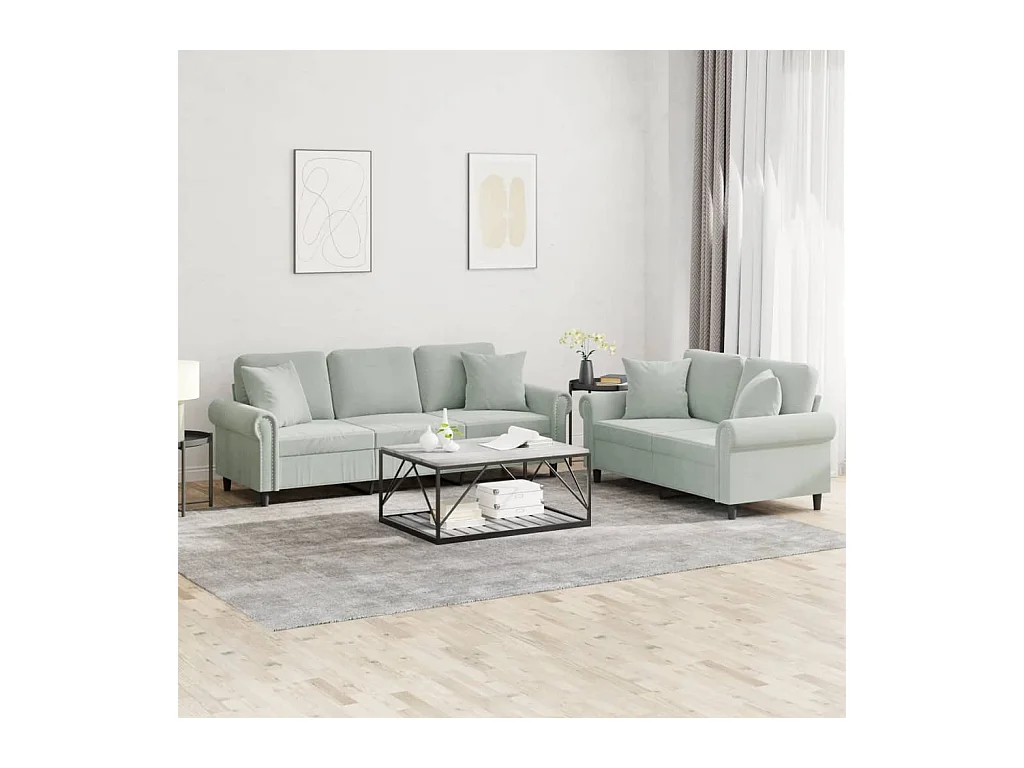 Ensemble de canapés 2 pièces avec coussins gris clair velours