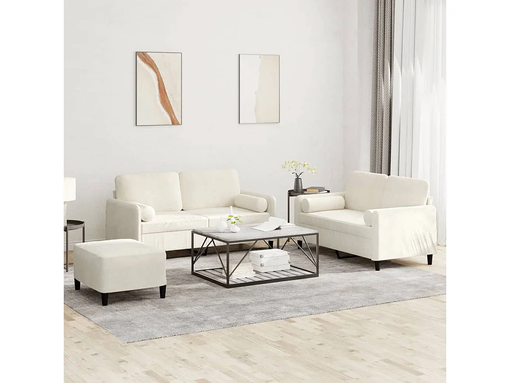 Ensemble de canapés 3 pièces avec coussins crème velours