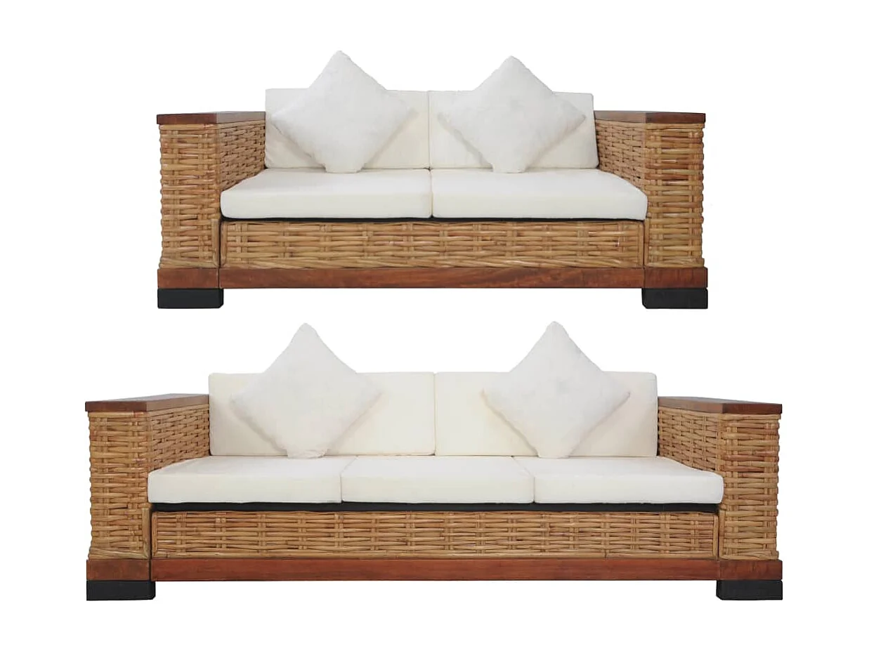 Ensemble de canapés 2 pièces avec coussins Marron Rotin naturel