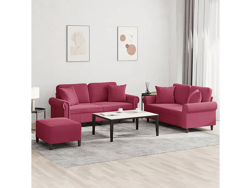 3 peças conjunto de sofás com almofadas veludo vermelho-tinto