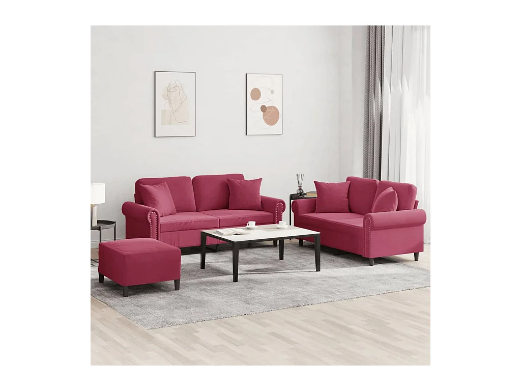 Ensemble de canapés 3 pièces avec coussins rouge bordeaux velours