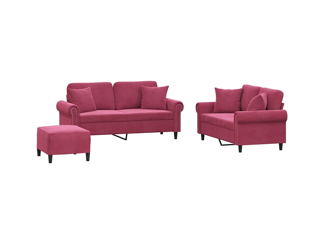 3 peças conjunto de sofás com almofadas veludo vermelho-tinto