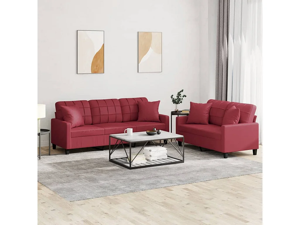 2 peças conjunto sofás com almofadas couro artif. vermelho tinto