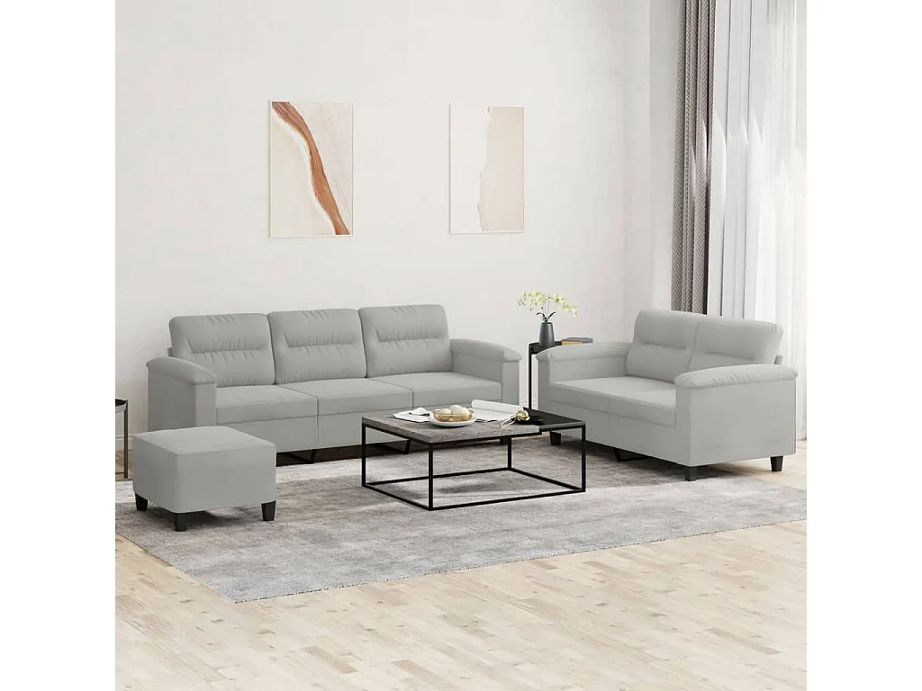 3-delige Loungeset met kussens microvezelstof lichtgrijs