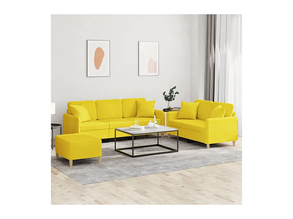 3 peças conjunto de sofás com almofadas tecido amarelo-claro