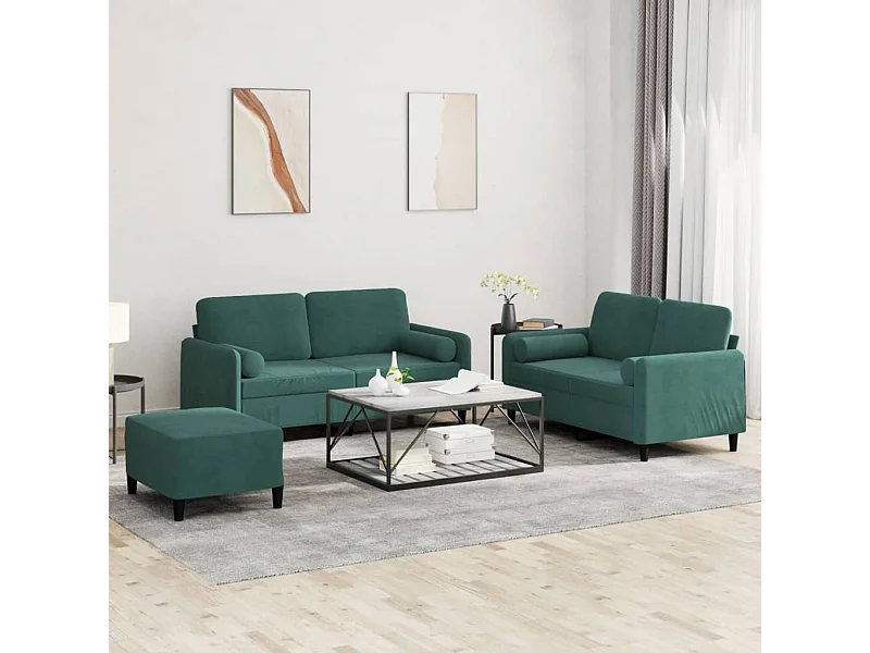 3 peças conjunto de sofás com almofadas veludo verde-escuro