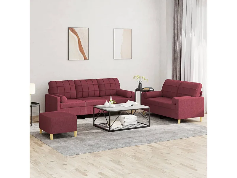 3 peças conjunto de sofás com almofadas tecido vermelho-tinto