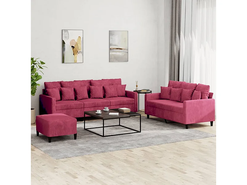 3 peças conjunto de sofás com almofadões veludo vermelho tinto
