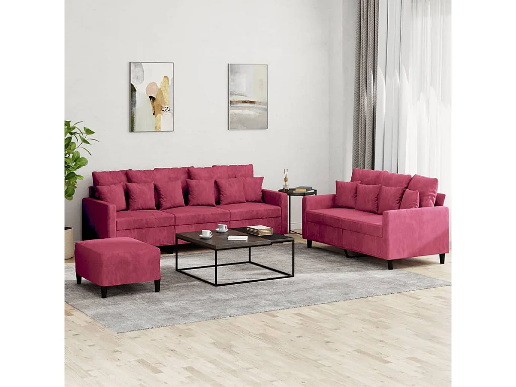3-delige Loungeset met kussens fluweel wijnrood