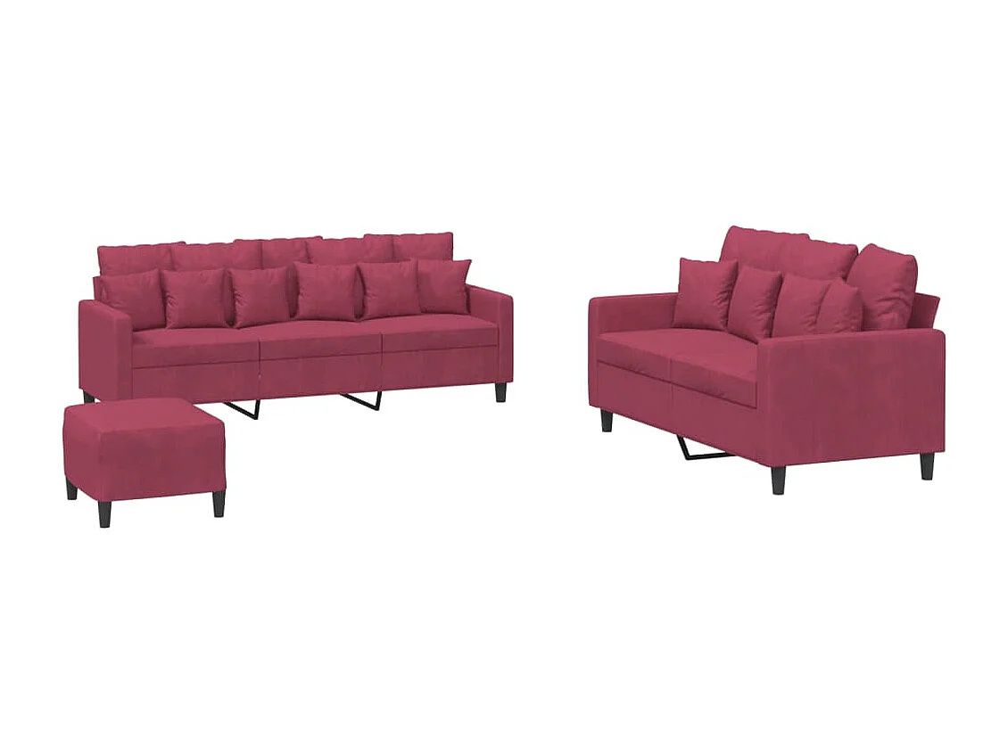 3-delige Loungeset met kussens fluweel wijnrood