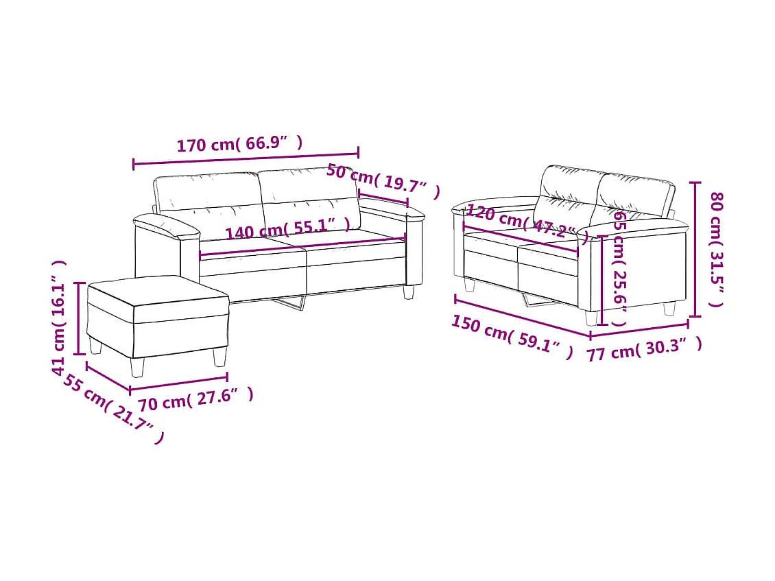 Ensemble de canapés 3 pièces coussins gris foncé tissu microfibre
