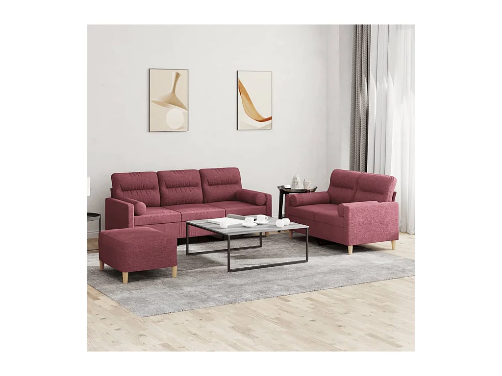 Ensemble de canapés 3 pièces avec coussins rouge bordeaux tissu