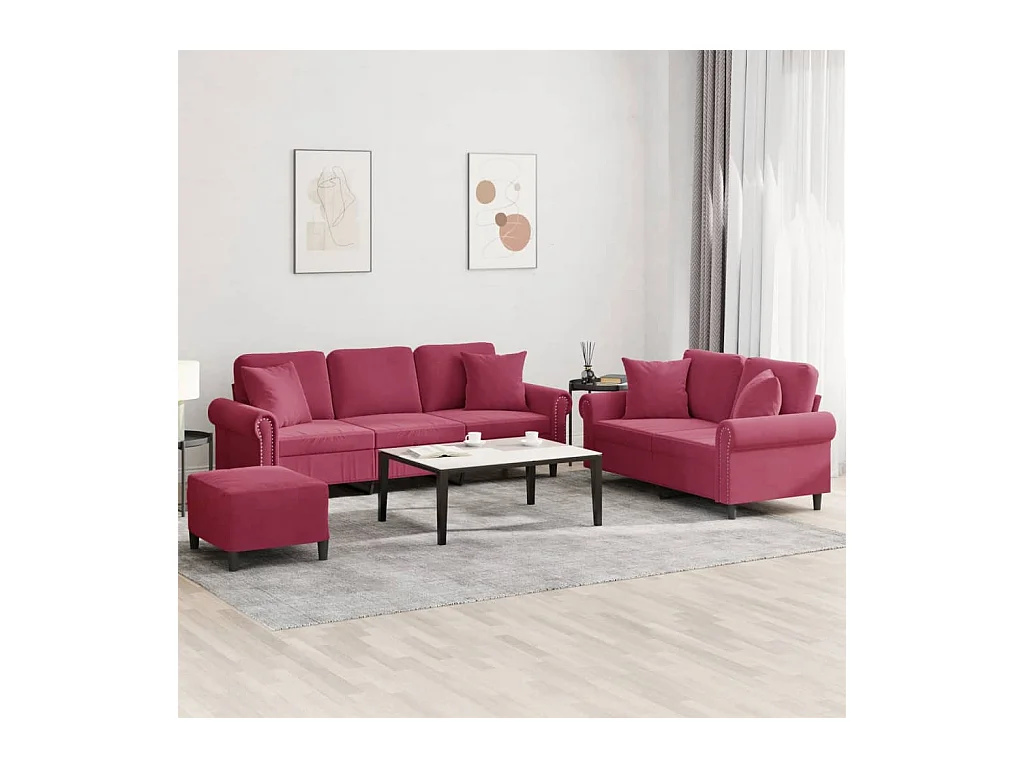 Ensemble de canapés 3 pièces avec coussins rouge bordeaux velours