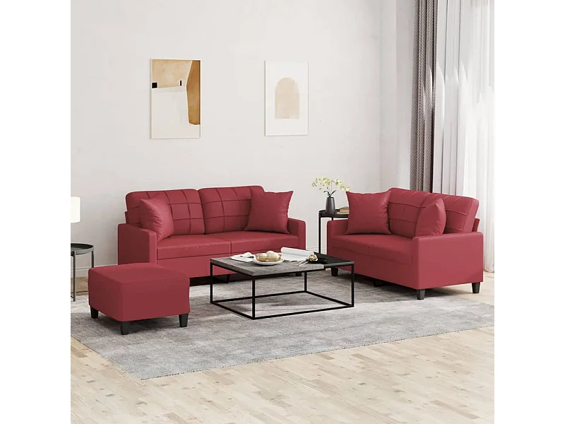 3 peças conjunto sofás com almofadas couro artif. vermelho tinto