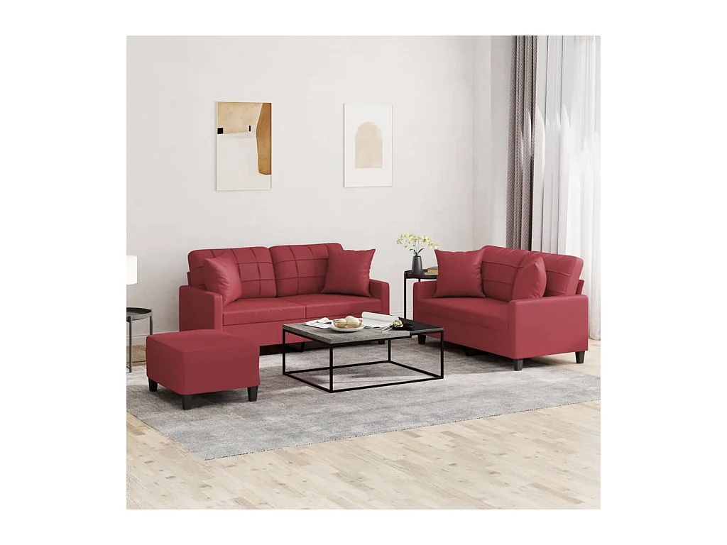 Ensemble de canapés 3 pièces et coussins rouge bordeaux similicuir