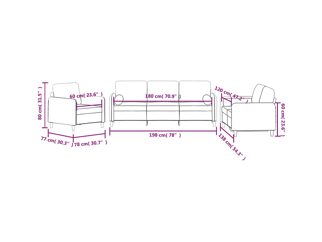 Ensemble de canapés 3 pièces avec coussins rose velours