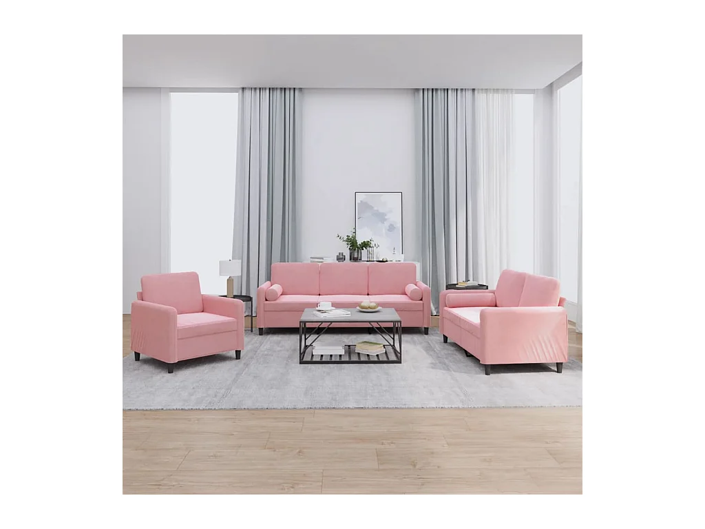 Ensemble de canapés 3 pièces avec coussins rose velours
