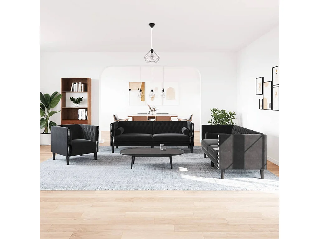 Ensemble de canapé Chesterfield et traversins 3pièces noir velours