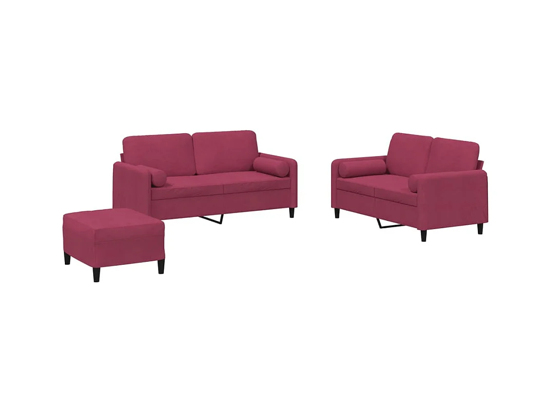 Ensemble de canapés 3 pièces avec coussins rouge bordeaux velours