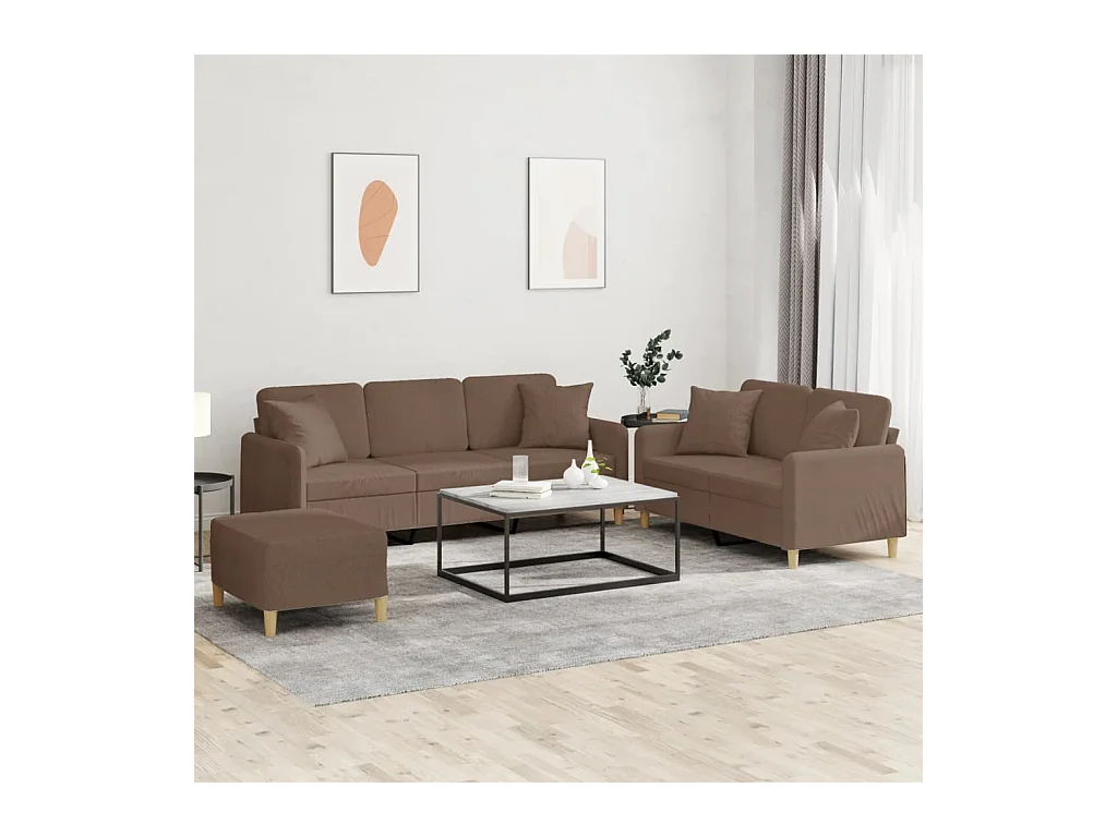 Ensemble de canapés 3 pièces avec coussins marron tissu