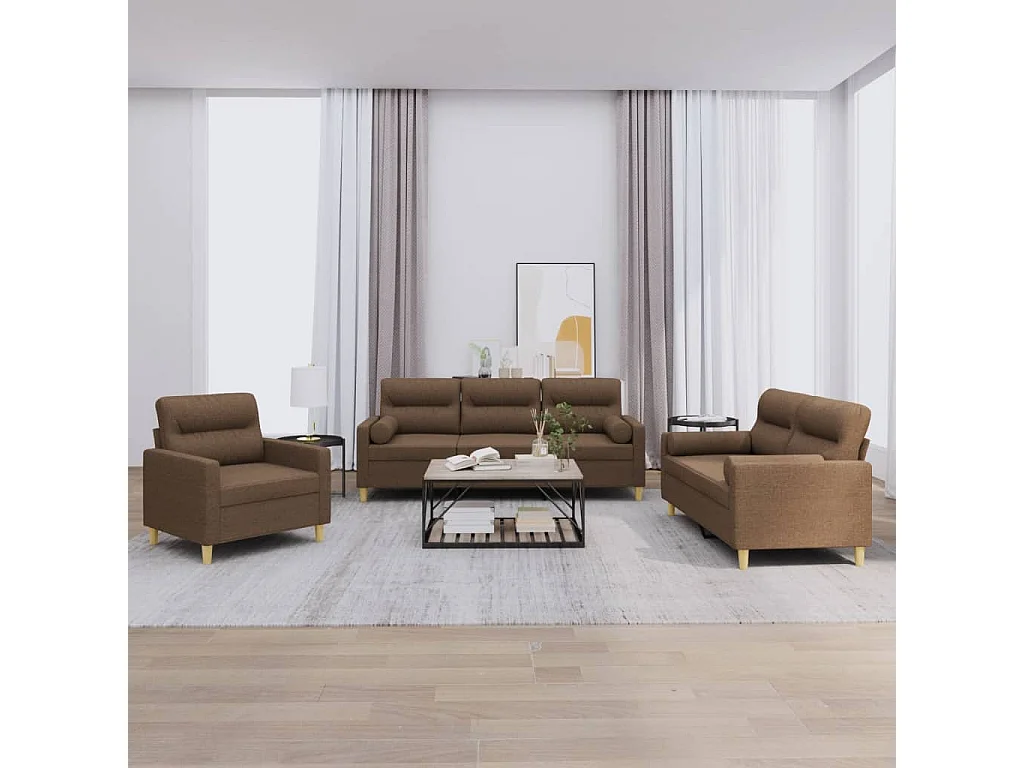 Ensemble de canapés 3 pièces avec coussins marron tissu