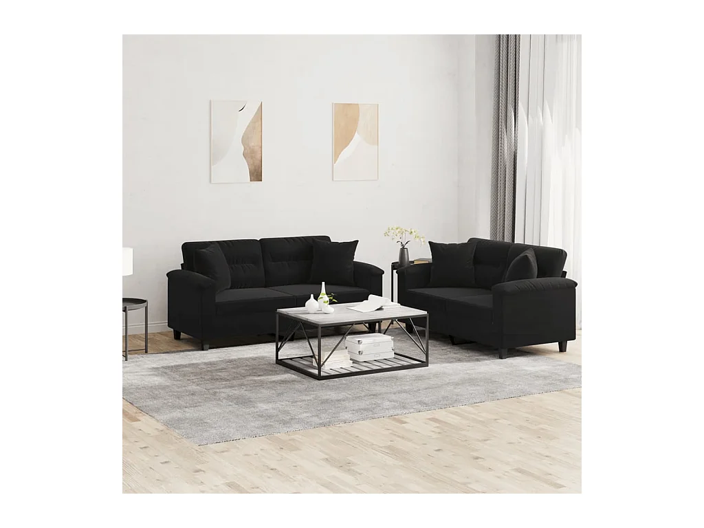 2 peças conjunto sofás com almofadas tecido de microfibra preto