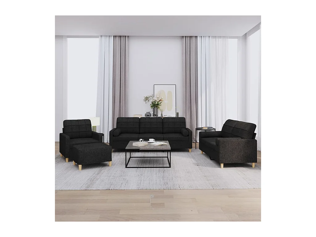 Ensemble de canapés 4 pièces avec coussins noir tissu