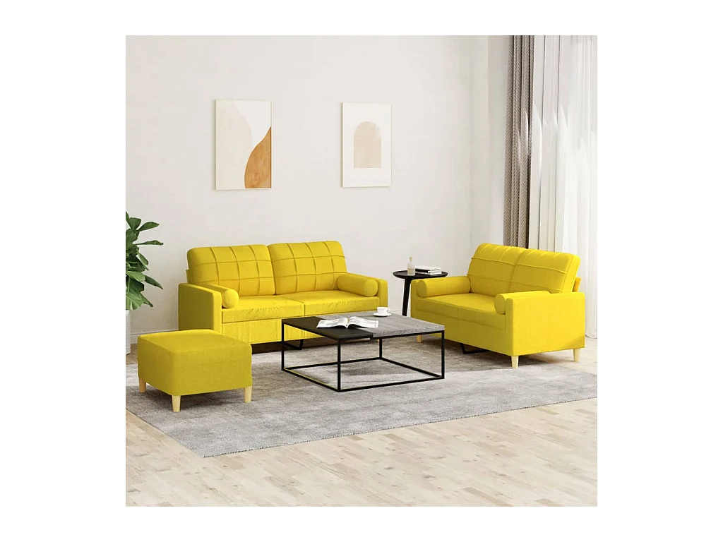 Ensemble de canapés 3 pièces avec coussins jaune clair tissu