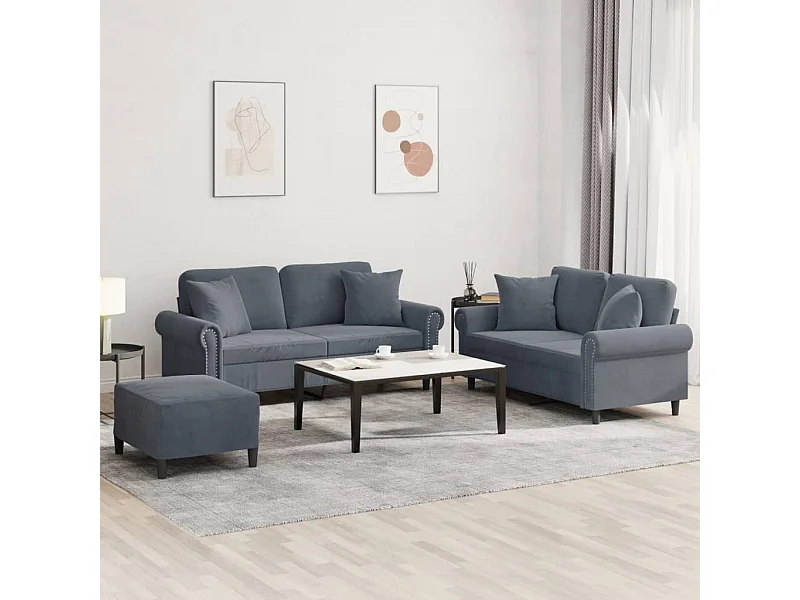 3 peças conjunto de sofás com almofadas veludo cinzento-escuro