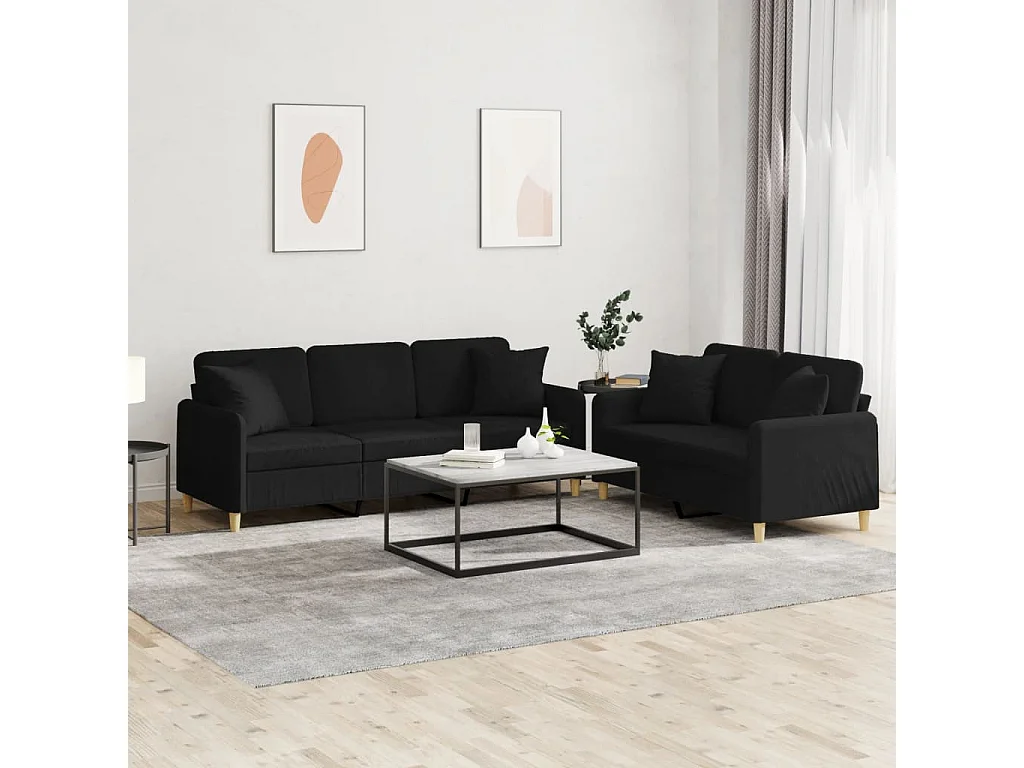 Ensemble de canapés 2 pièces avec coussins noir tissu