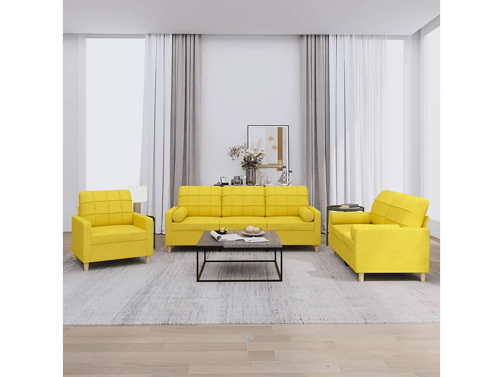 3 peças conjunto de sofás com almofadas tecido amarelo-claro