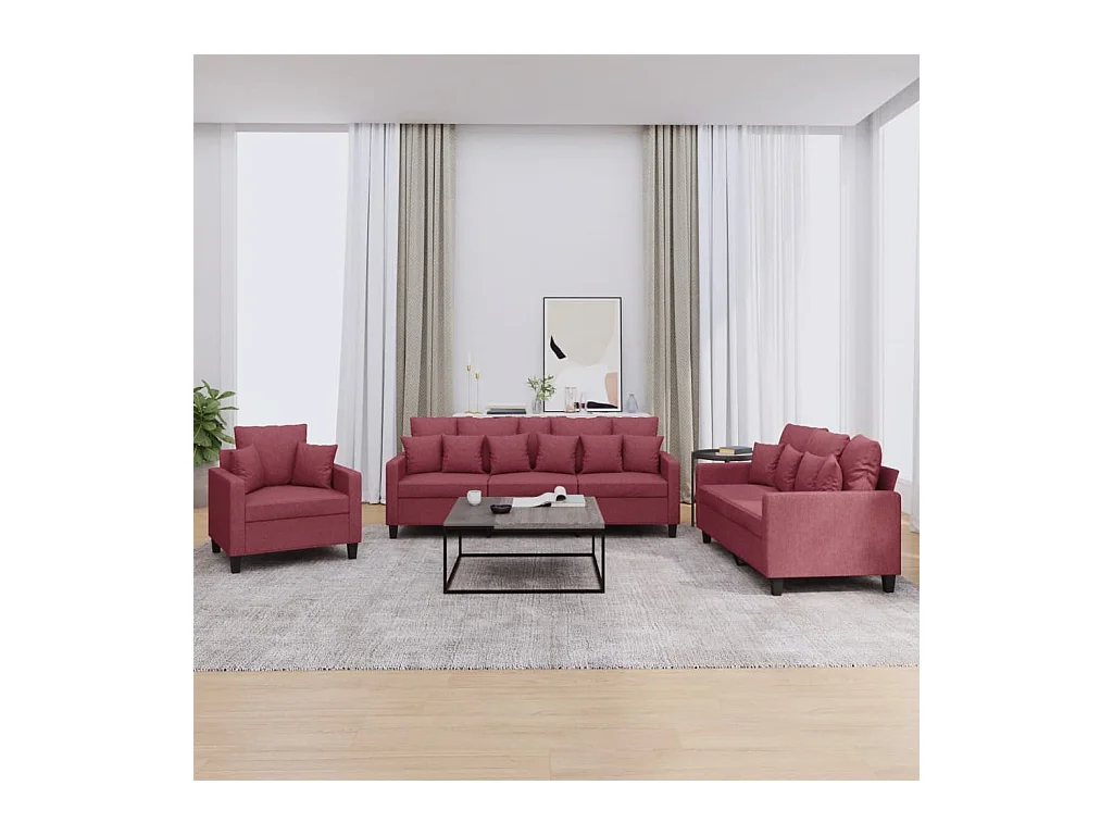 Ensemble de canapés 3 pièces avec coussins rouge bordeaux tissu