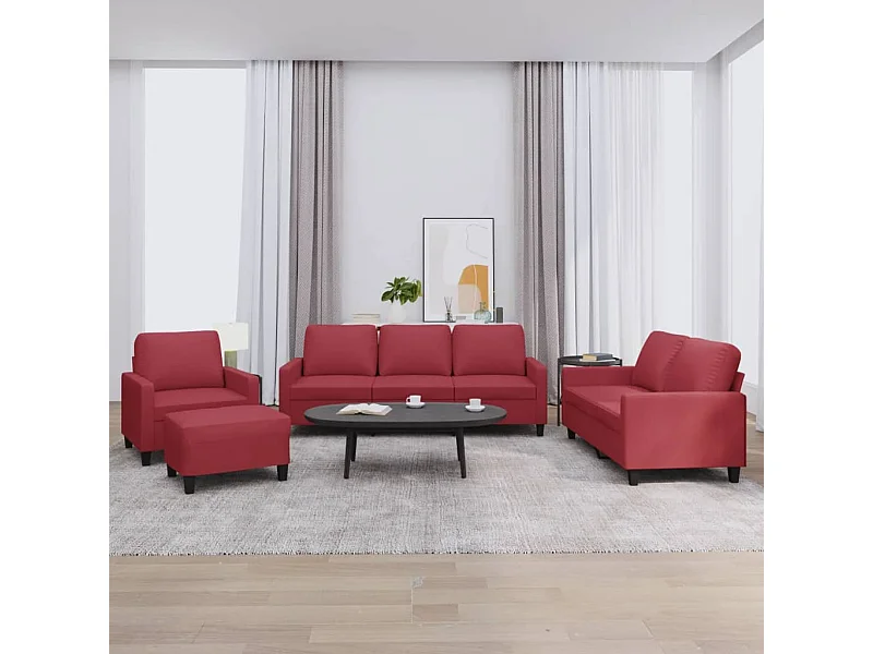 4 peças conjunto sofás com almofadões couro artif. vermelho tinto