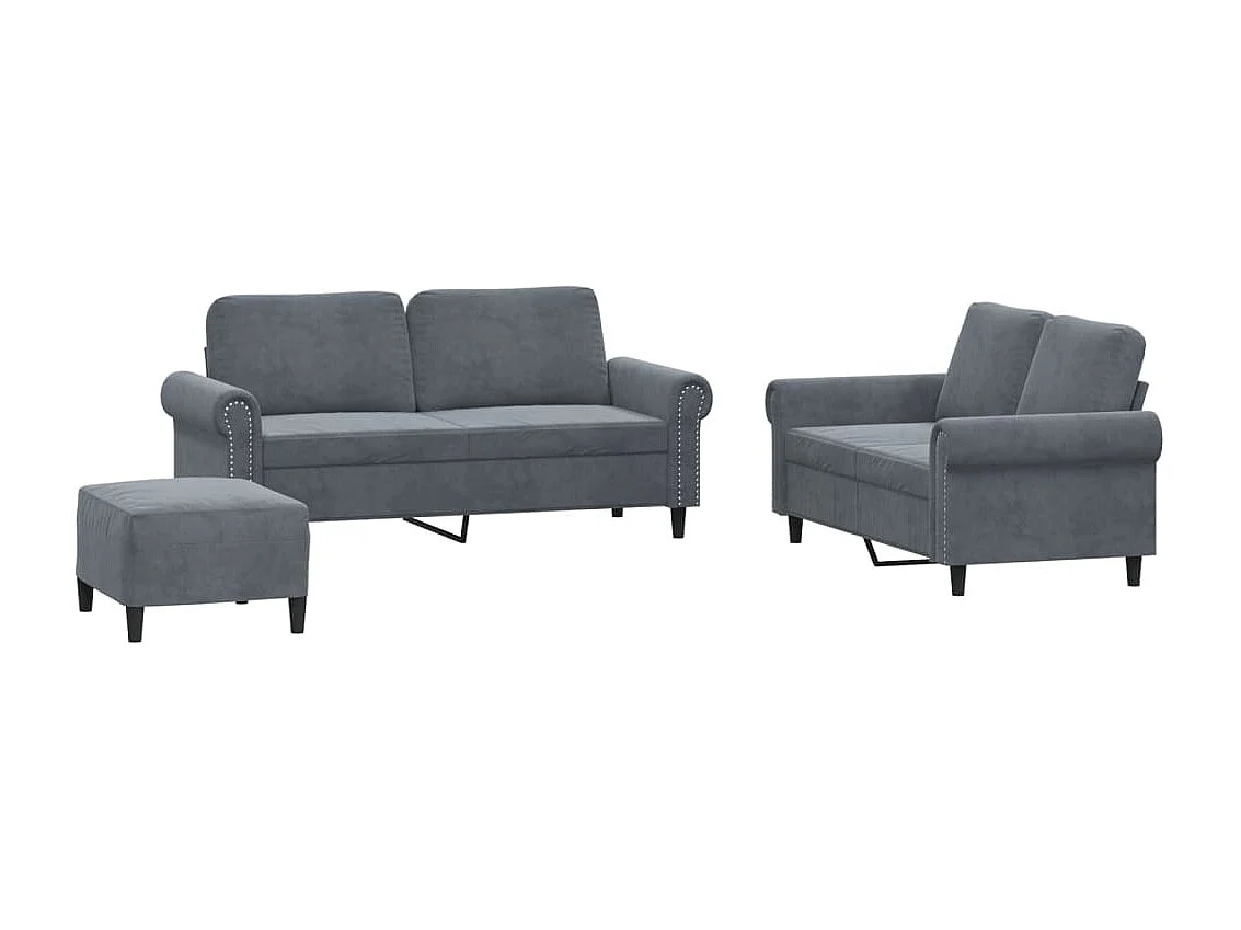 3 peças conjunto de sofás com almofadões veludo cinzento-escuro