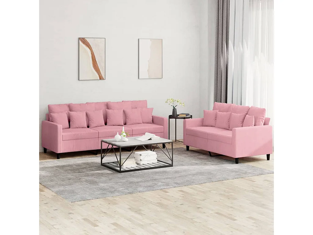 2 peças conjunto de sofás com almofadões veludo rosa