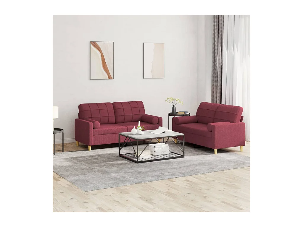 Ensemble de canapés 2 pièces avec coussins rouge bordeaux tissu