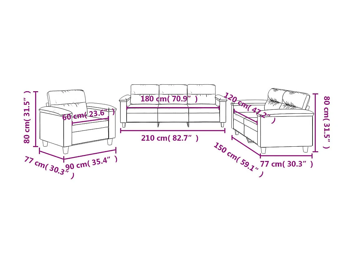 Ensemble de canapés 3 pièces avec coussins beige tissu microfibre
