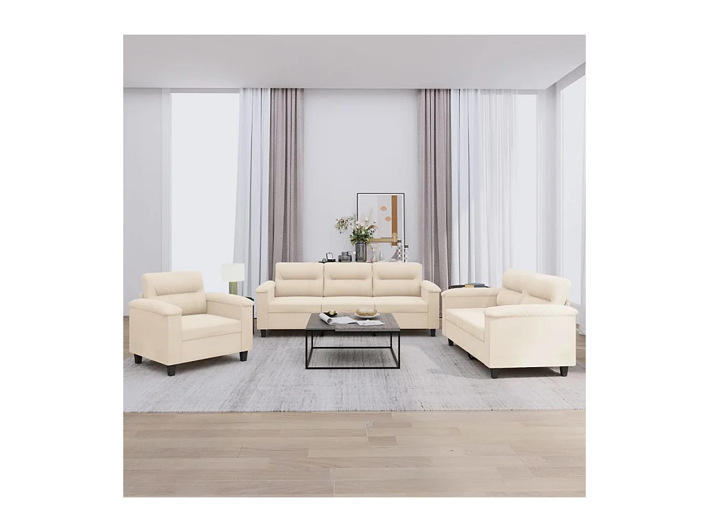 3 peças conj. sofás com almofadões tecido de microfibra bege