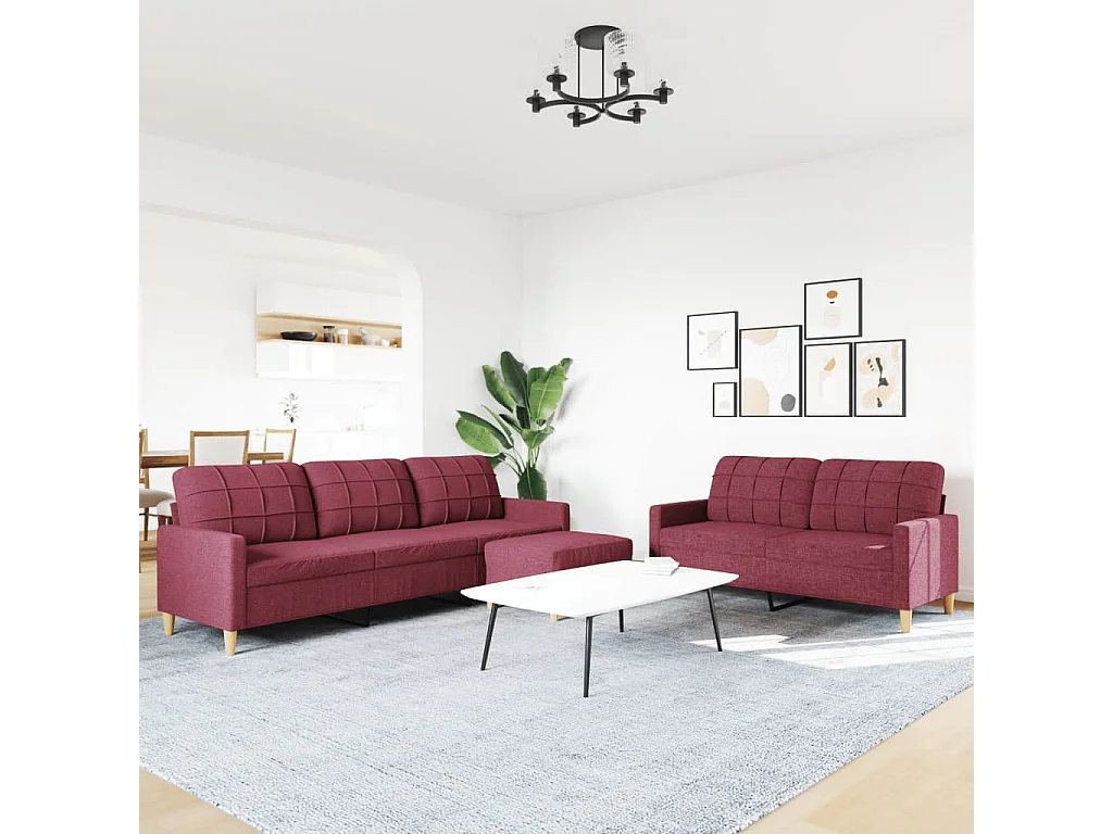 Juego de sofás con reposapiés 3 piezas tela rojo tinto