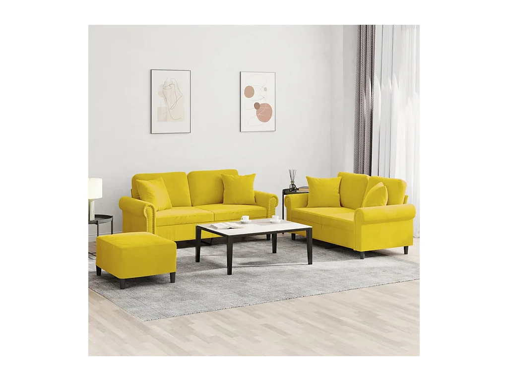 Ensemble de canapés 3 pièces avec coussins jaune velours