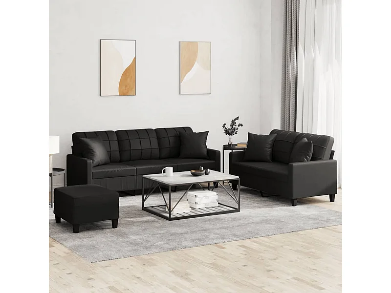 3 peças conjunto de sofás com almofadas couro artificial preto