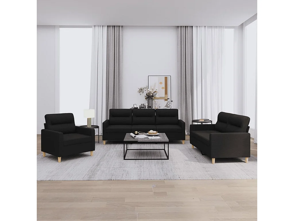 3-delige loungeset met kussens stof zwart