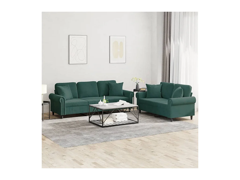 Ensemble de canapés 2 pièces avec coussins vert foncé velours