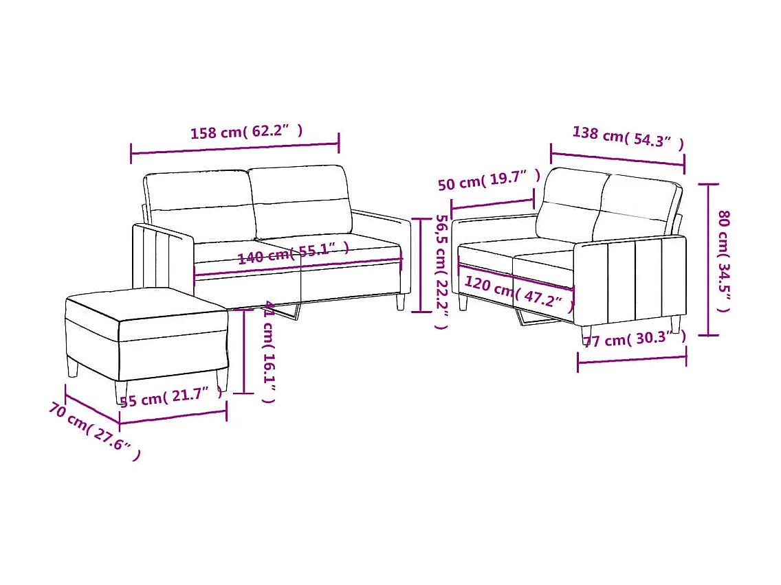 3-delige Loungeset met kussens stof taupe