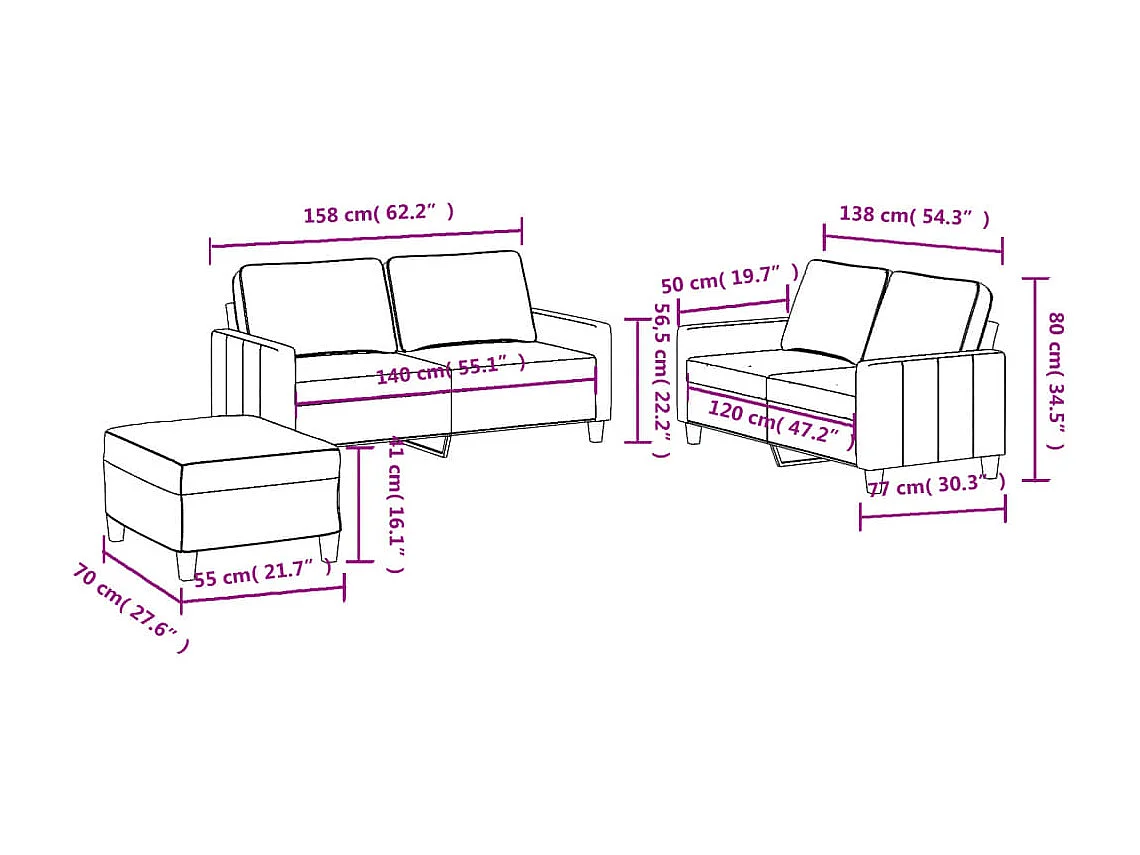 3-delige Loungeset met kussens stof crèmekleurig