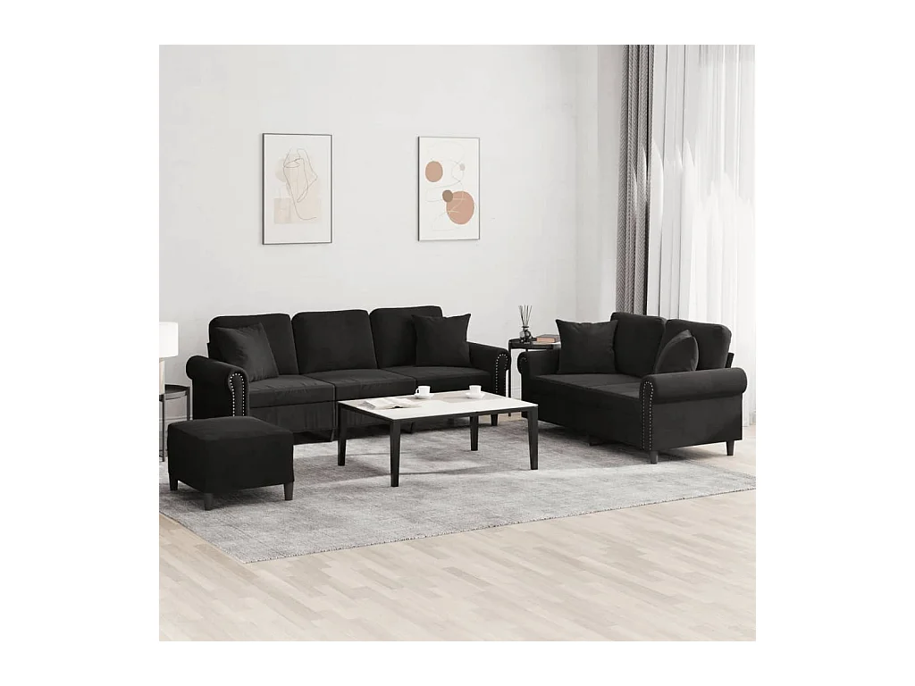 Ensemble de canapés 3 pièces avec coussins noir velours